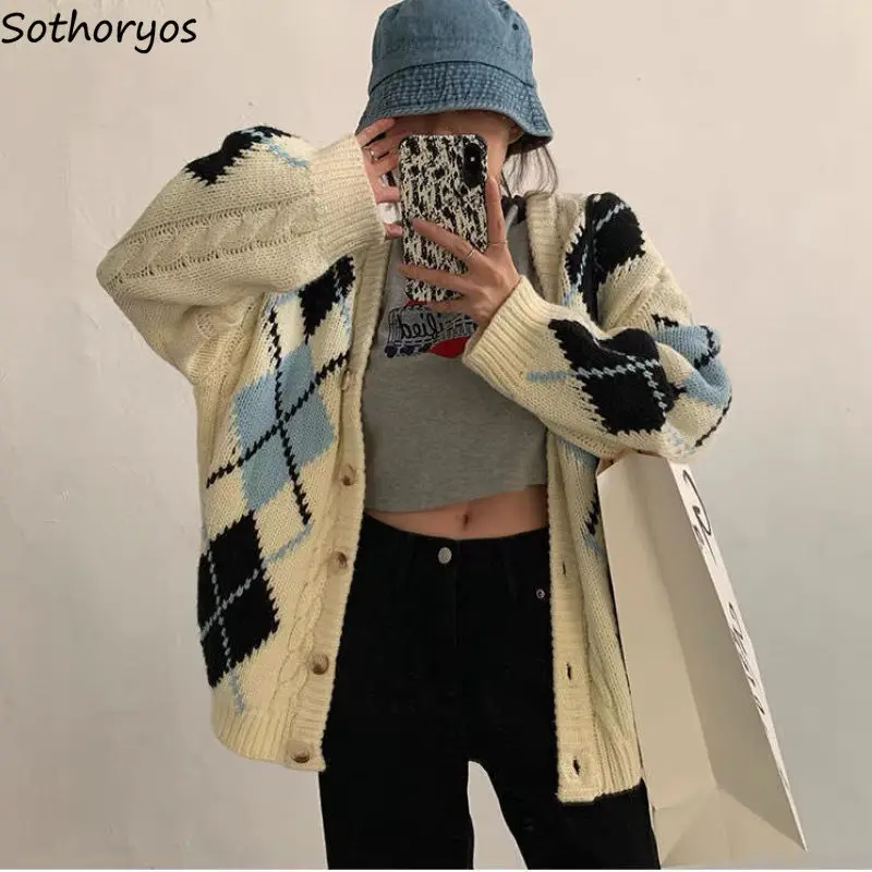 

StylishCardigan Women Classic Argyle Comfort Teenagers Daily Knitwear Fashion Korean Style Slouchy Females Sweaters All-match