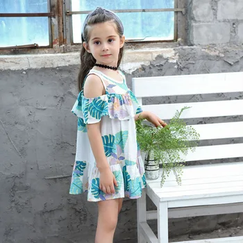

Girl's A- line sleeves frocks off-shoulder green leaf fresh princess kids clothes dresses for girls dress girl flounced sleeves