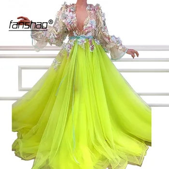 

New Contrast Color Evening Dress V-neck Puff Sleeve Illusion Green Islamic Dubai Saudi Arabic Elegant Evening Gown Prom Dress