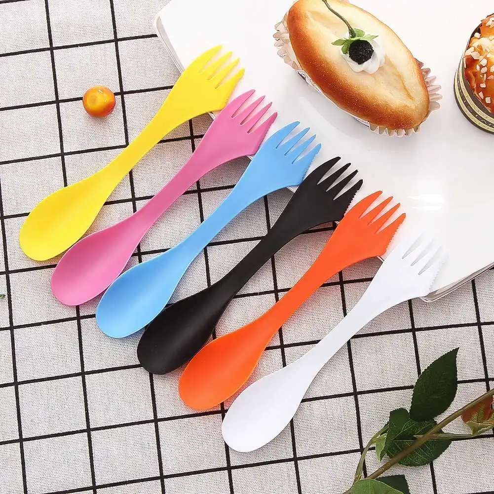 1 шт детские столовые приборы 3 в 1 ложка Вилка Нож Кемпинг походная Посуда Spork комбо путешествия лагерь посуда набор, цвет случайный