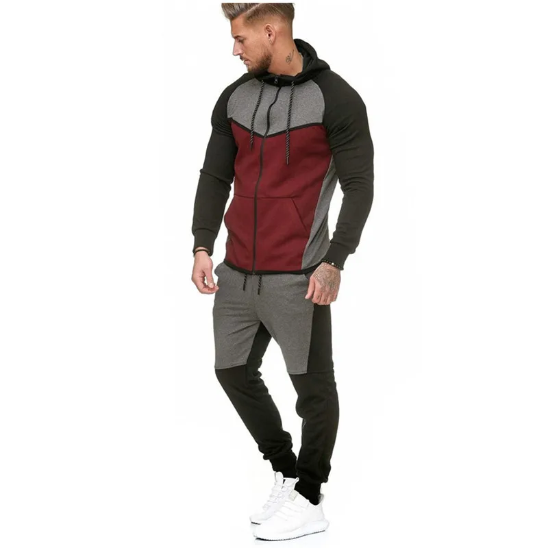 

2 Pieces Sets Tracksuit Men New Brand Autumn Winter Hooded Sweatshirt +Drawstring Pants Male Stripe Patchwork Hoodies Bigsweety
