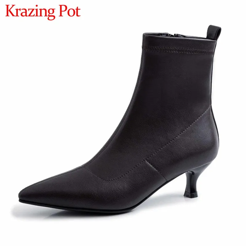 

Krazing Pot basic pointed toe stretch leather boots stiletto high heels side Zip women winter daily wear fashion ankle boots L15