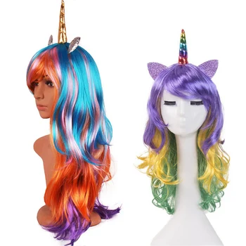

Halloween Colorful Rainbow Unicorn Wig Gothic Lolita Cosplay Bachelorette Birthday Party Curly Wigs Decoration Anime Decor