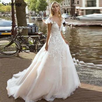 

Sevintage Sparkly Glitter Tulle Wedding Dress Boho V-Neck Appliques Lace Wedding Party Dress Princess Open Back Bride Gowns