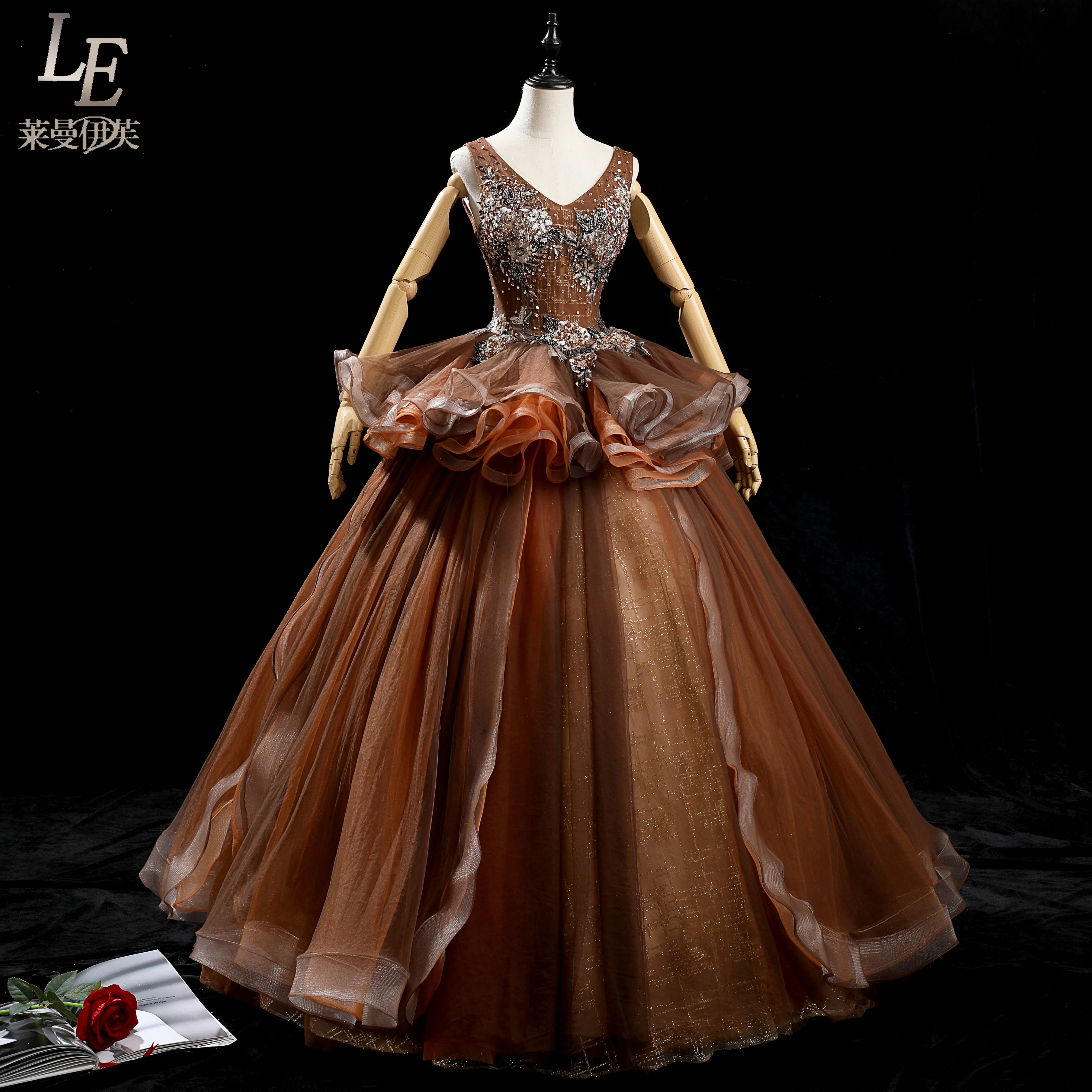 

luxury rococo coffee beading embroidery royal queen long dress medieval Renaissance Victoria ball gown