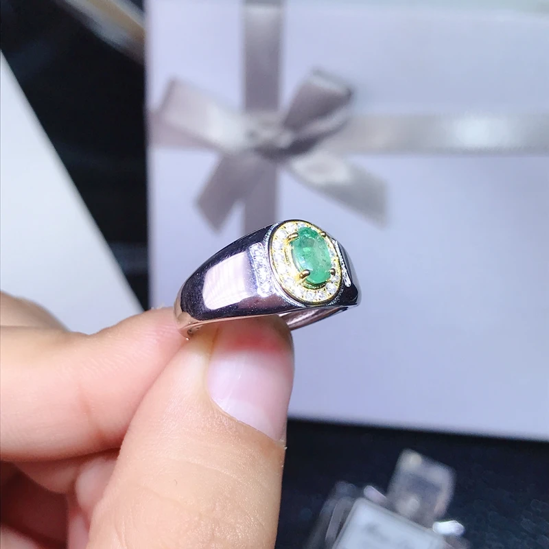 0.5 carat natural emerald men's ring adjustable size 925 sterling silver certificate package