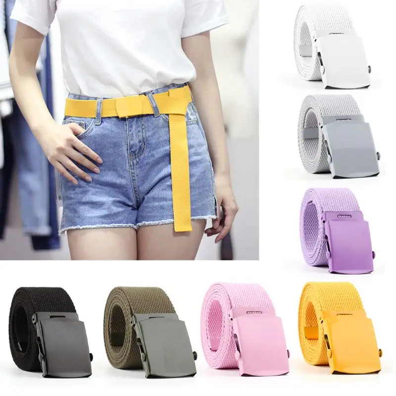 

Men Women Harajuku Canvas Bright Solid Color Waist Belt with Alloy Flat Buckle