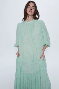 

2020 new Spring Summer European Tulle Long female vadiming sheining Dress zaraing Women Green Long dress WDL6695