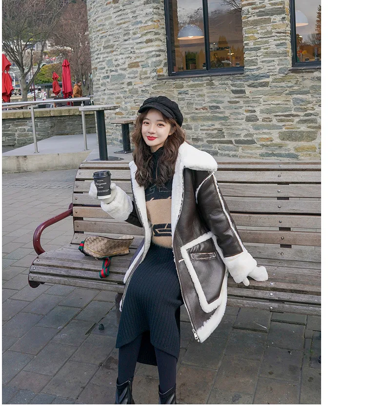 Winter simple casual fur all-in-one coat female new autumn and winter lamb wool mid-length thickened plus velvet leather coat