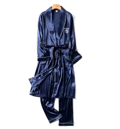 robe pants set 9 Двухкомпонентная шелковая ночная рубашка атласная Мужская одежда для сна свободная шелковистая одежда с длинными рукавами и длинными штанами ночной комплект для мужчин - Цвет: robe pants set 9