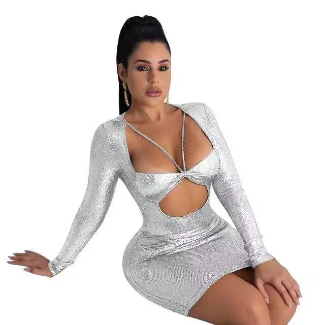 TEAEGG 2019 SPRING SEXY PARTY EVENING DRESS THROUGH BLING BLING O NECK brown skirt