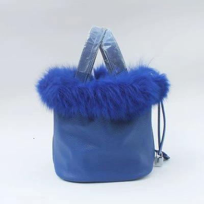 Blue LUCDO сумка из натурального Лисьего меха, ручная сумка из натуральной кожи, сумка-мешок Picotin с замком, женские сумки, известный бренд, дизайнерские женские сумки-тоут - Цвет: Blue