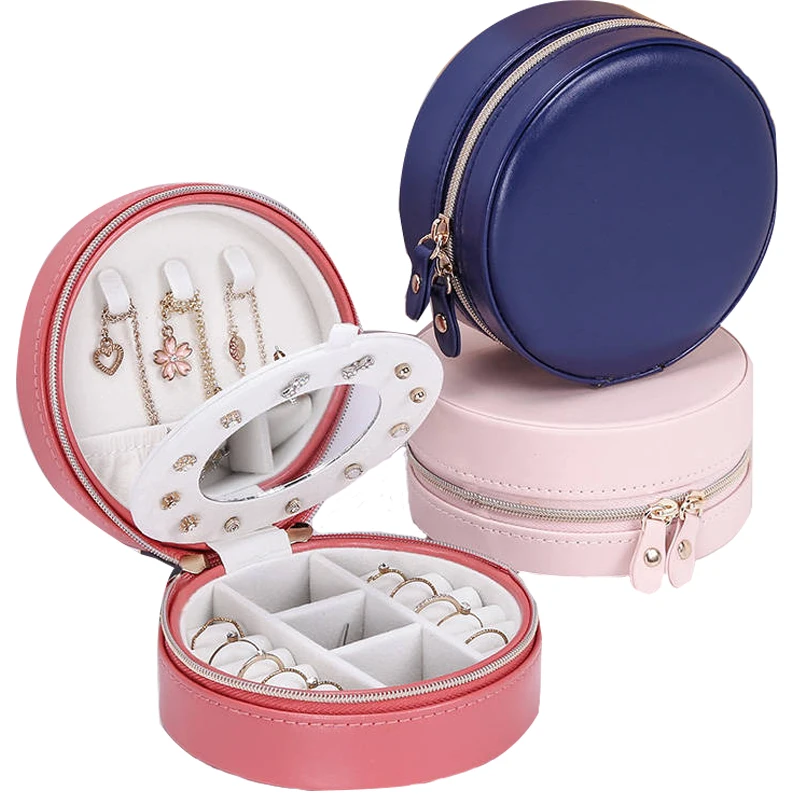 

Round Jewelry Storage Box Small Portable Stud Earrings Travel Korean Style Makeup Cute Gift Display Case Organizer With Zipper