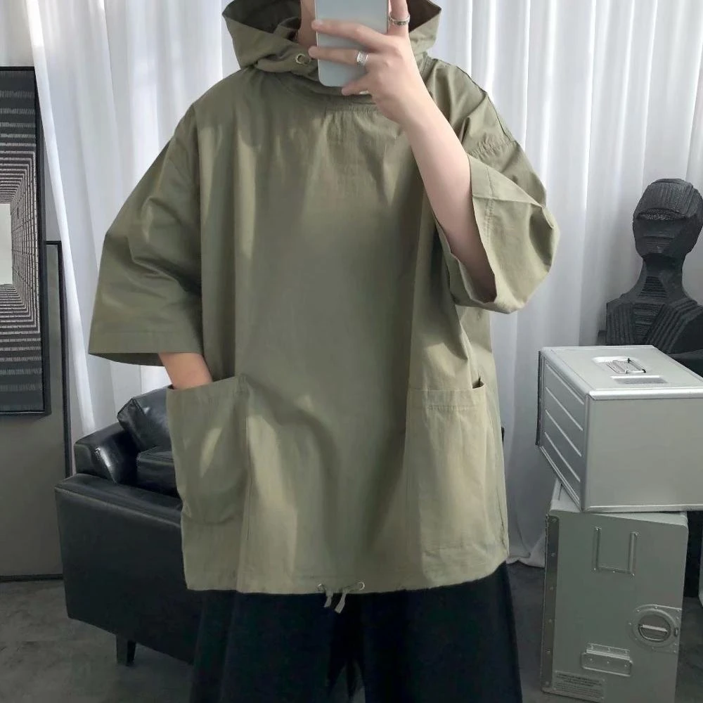 Bx Yichenオリジナルタイドフード付き半袖メンズサマールーズサイドポケット半袖tシャツ無地プルオーバーコート Aliexpress Men S Clothing