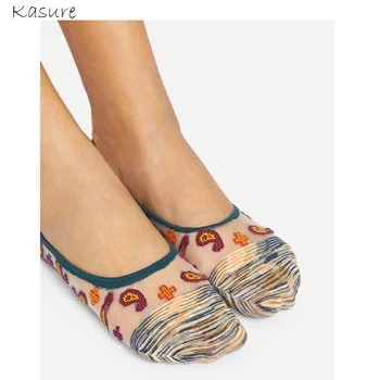 

KASURE Colorful Transparent Mesh Slipper Sock For Women Mixed Color Cashew nuts Breathable Casual Short Ankle Socks