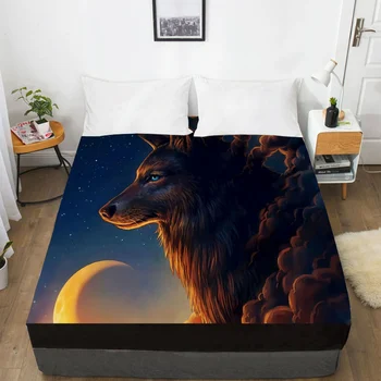 

3D Bed Sheet with Elastic Fitted Sheet 135/150/180/200/160x200 Mattress Cover Double King Queen Home Microfiber Moon wolf