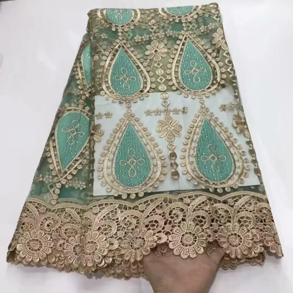 Африканская французская кружевная ткань Африканская кружевная ткань, гипюр кружевная ткань с камнем 5 ярдов нигерийские кружевные ткани для платья ZQ-A134 - Цвет: 18