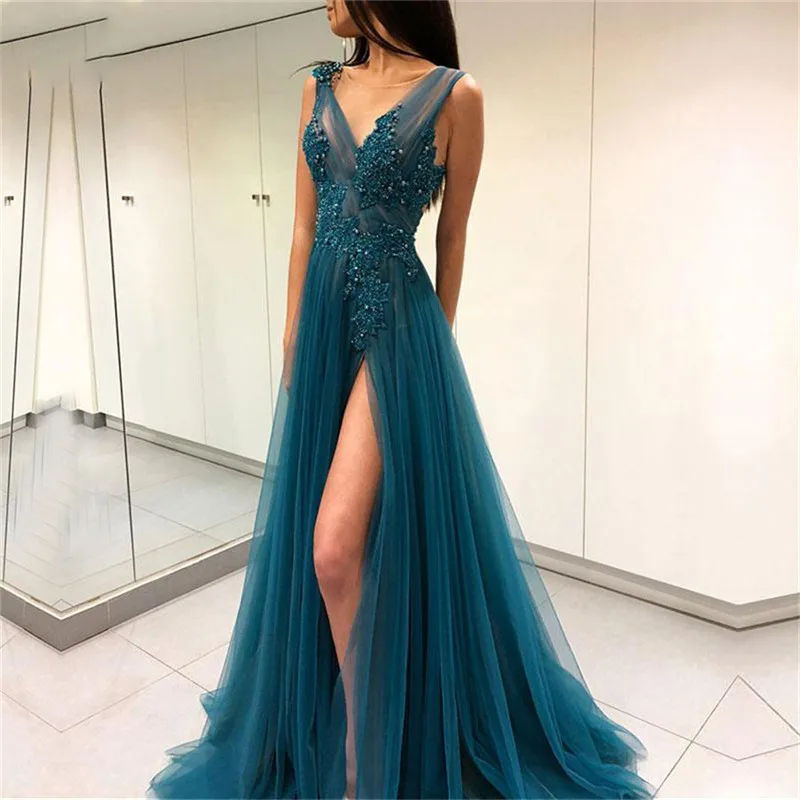 

Gorgeous Scoop Neck Tulle Lace Appliques Prom Dresses Sexy Split Side Custom Made V-Shape Back Ladies Evening Party Gowns Tailor