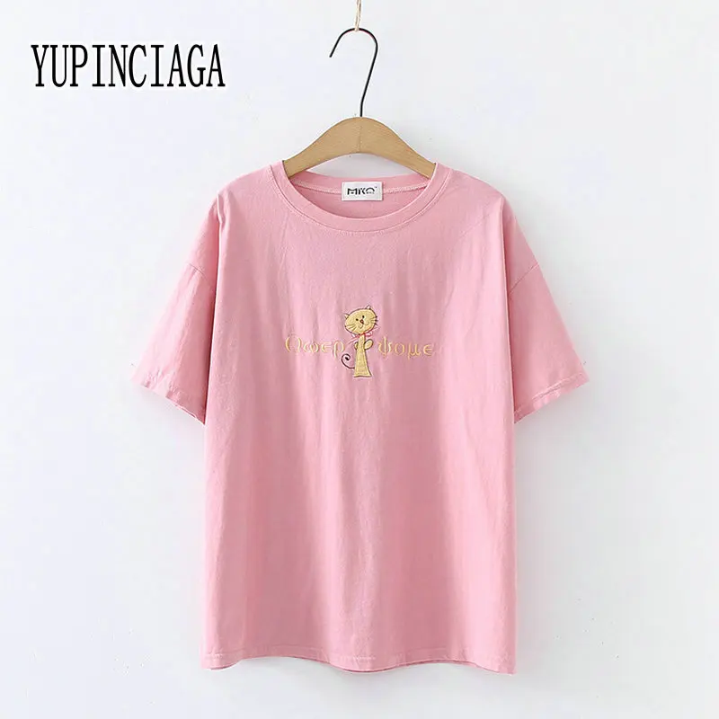 

YUPINCIAGA 2020 Spring Summer New Women Loose Sweet Solid Color T-shirt Cat Letter Embroidery O-Neck Cotton Short Sleeve Tee Top
