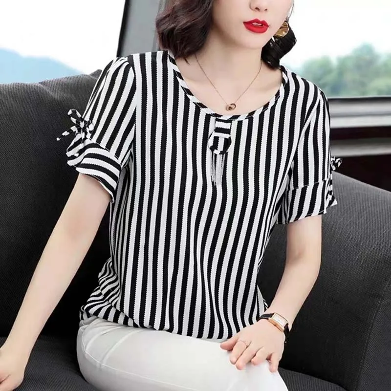 Women Spring Summer Style Chiffon Blouses Shirts Lady Casual Short Sleeve  O-neck Striped Printed Blusas Tops Sp304 - Women Blouse - AliExpress