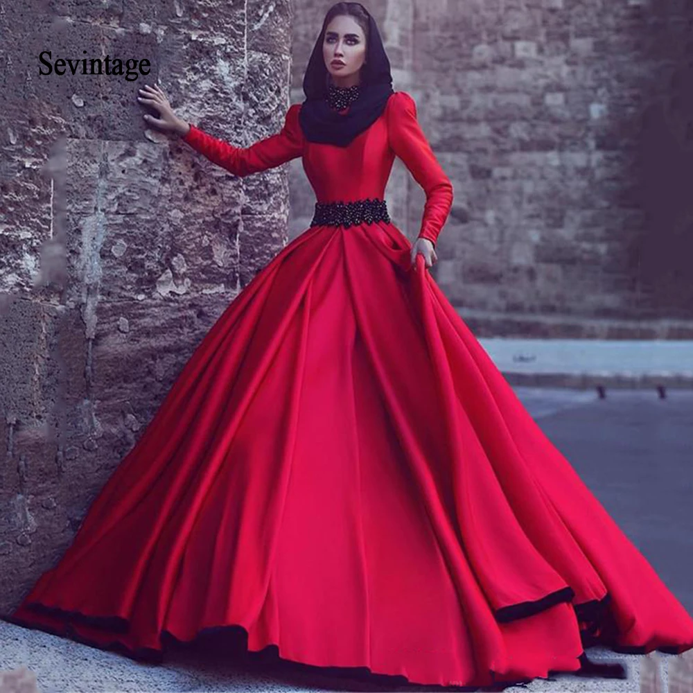 

Sevintage Red Arabic Evening Dresses Black Beaded Formal Party Dress Ball Gown Long Sleeves Muslim Prom Gowns abendkleider