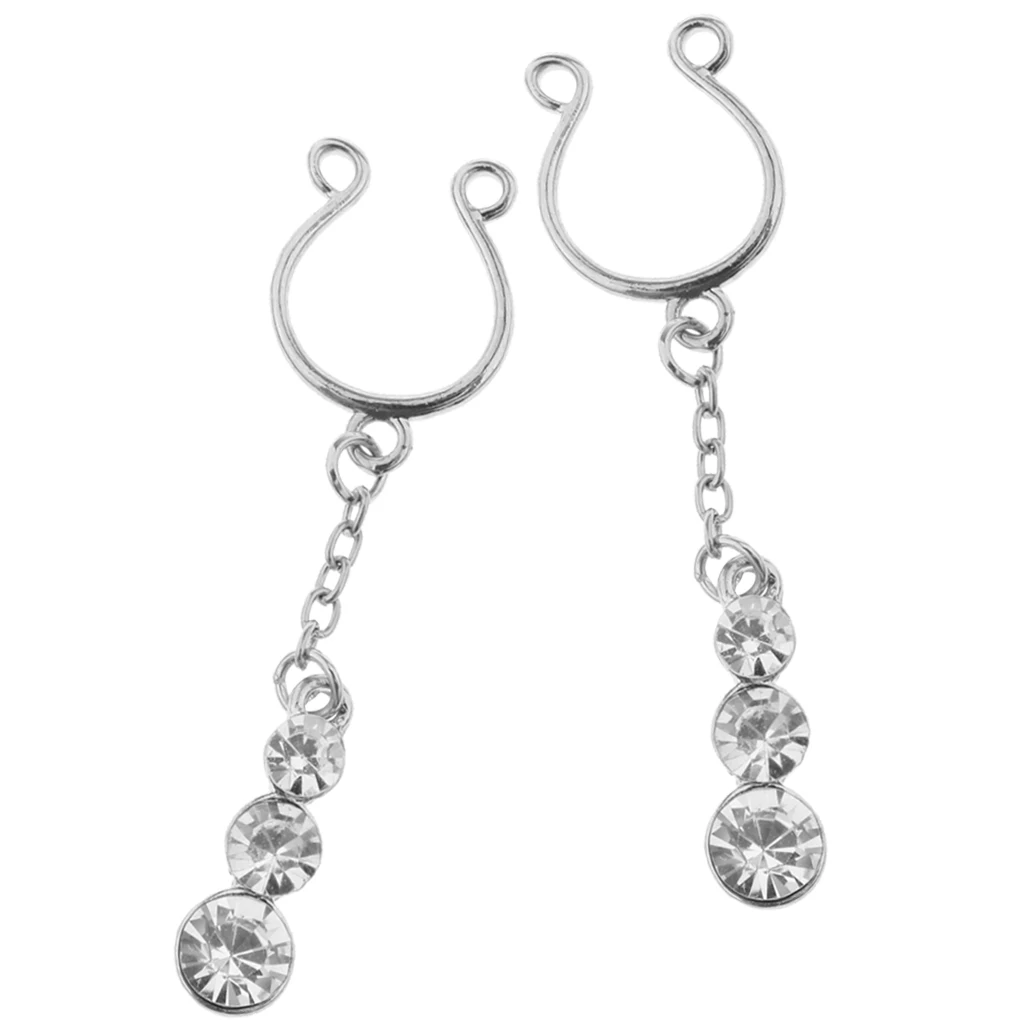 2pcs Stainless Steel Punk Fake Rings Women Body Jewelry Rhinestones Earring Dangle Clip Non Piercing On