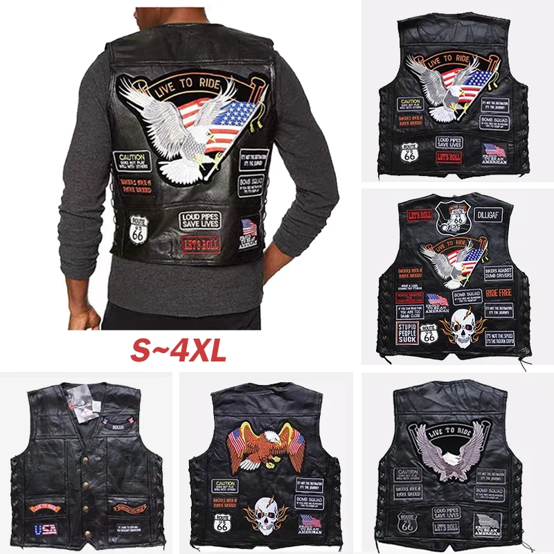 Motorcycle Leather Vest Men Motorcycle Jacket Bicycle Casual Waistcoat with Punk Retro Classical Badges Motocross Equipment
