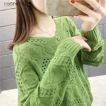 

Lugentolo Sweater Women Knitted Spring New Hollow V-neck Long Sleeve Loose Pullovers Solid Casual Fashion Sweaters