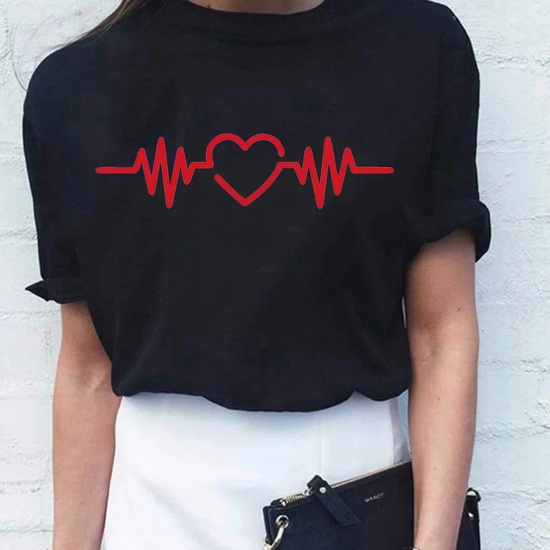 

2019 summer women's T-shirt fashion casual electromagnetic wave heart-shaped printing European and American style T-shirt