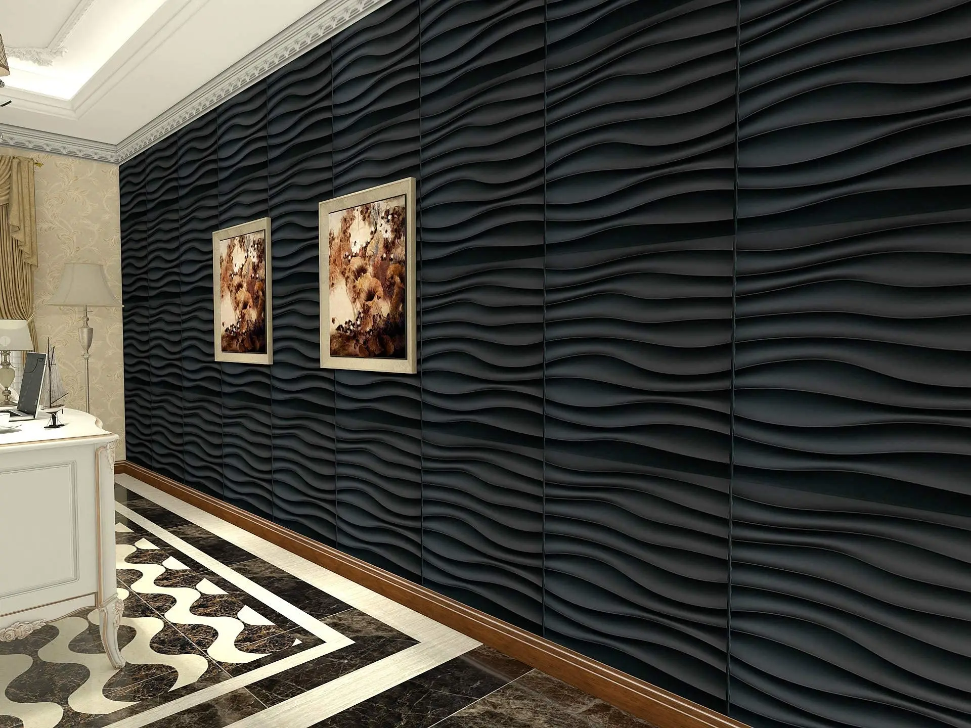 Art3d50x50cmBlackPlasticDecorative3DWallPanelsWaveWallDesign