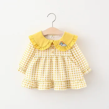 

Autumn Baby Girls Long Sleeve Lapel Collar Rainbow Plaid Ruffles Princess Kids Cute Dress vestidos