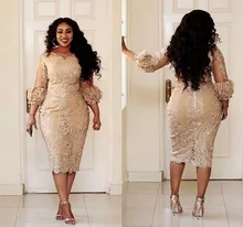 Plus Size Elegatn Champagne Lace Mother of the Bride Dresses with 3/4 Sleeve Sheath Slim Sexy Women Wedding Guest Dress