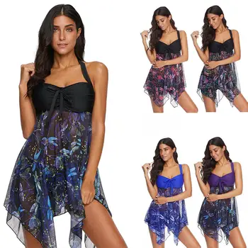

Swimdress Plus Size Tankini Swimsuits Floral Print Halter Padded High Waist Sexy Swimwear Push Up With Shorts Sport Two Pieces