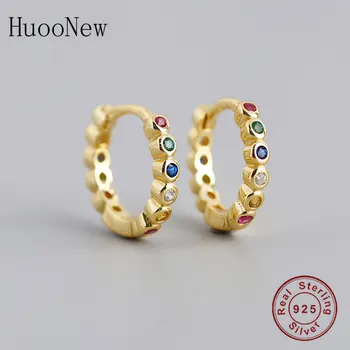 

925 Sterling Silver Sample Gold Circle Rainbow Color Zirconia Hoop Earring For Women Girlfriend Pendientes Brinco Oorbellen 2020