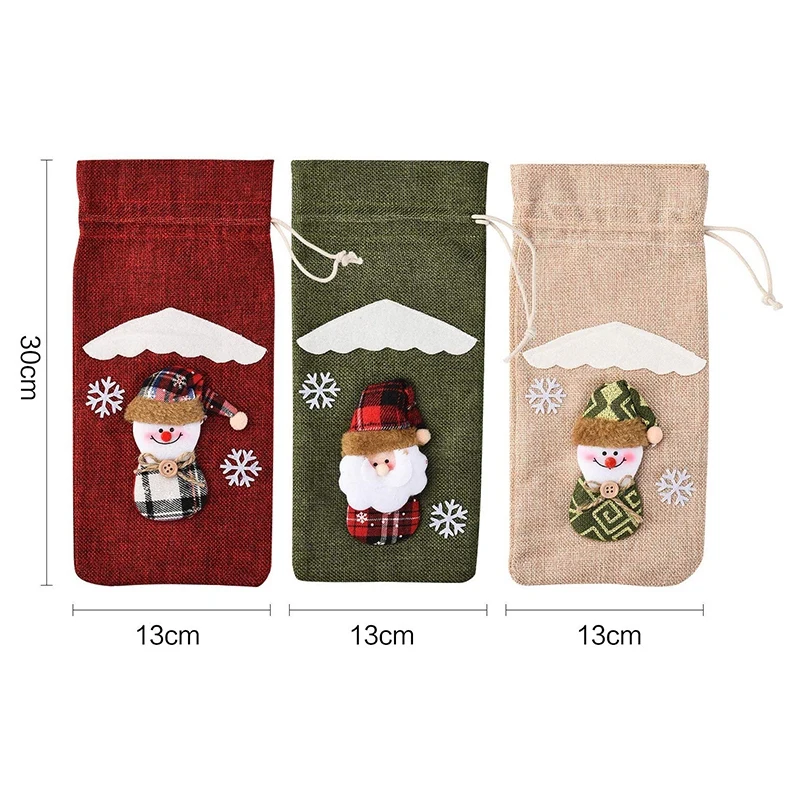 3Pcs Christmas Wine Bottle Cover, Powder Bag Santa Claus Snowman Tableware for Christmas New Year Decoration
