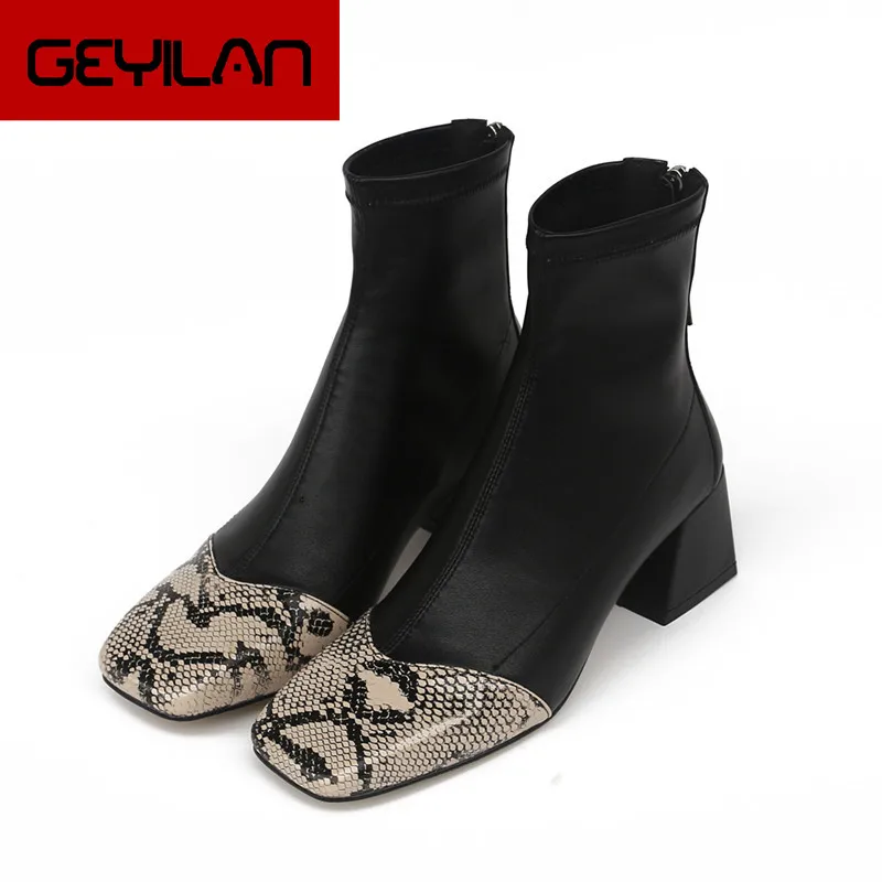 

autumn Cowhide Ankle Boots Shoes Women Pointed Toe Thick Heel Patchwork Zipper Botas Feminino Mujer Black High Heel Boots
