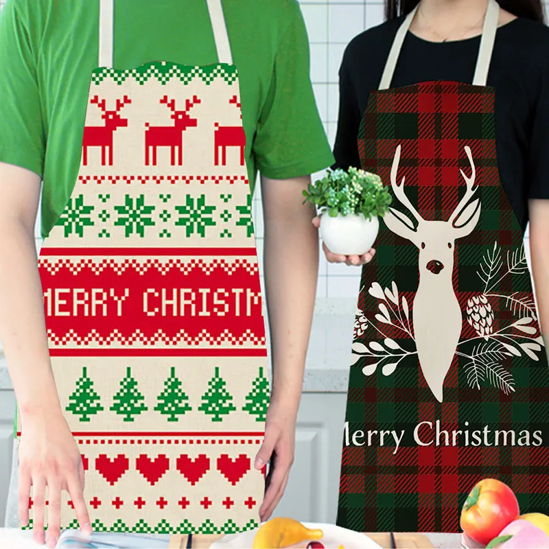 Christmas Apron Merry Christmas Lattice Printed Sleeveless Cotton Linen Aprons for Men Women Home Cleaning Tools