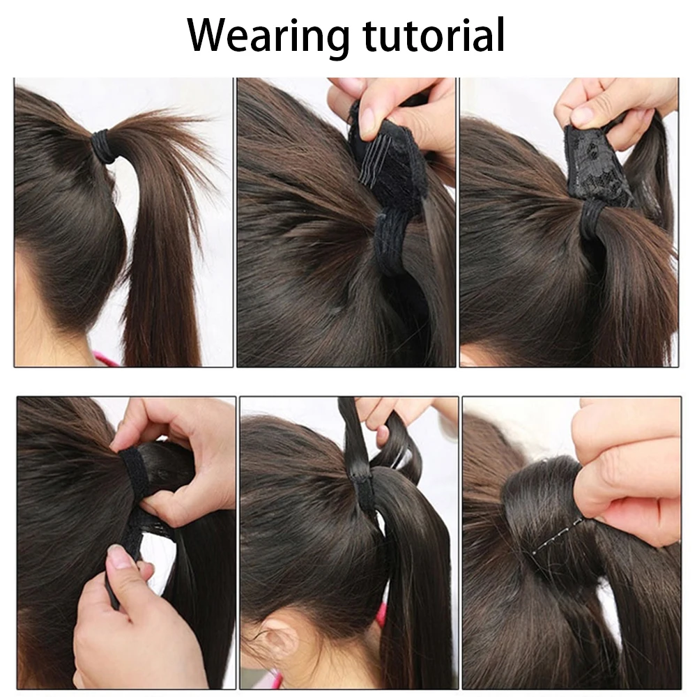 AZIR Synthetic Long Straight Wrap Around Clip on Ponytail Hair Extension fake hair extensions Heat Resistant Pony Tail Fake Hair Brown Gray