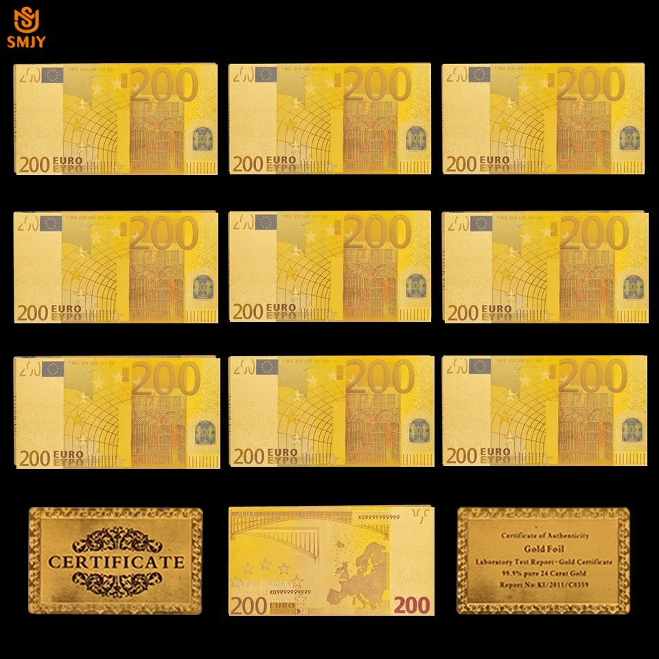 10 шт./лот набор европейских золотых банкнот 200 евро цвет денег Золотая валюта
