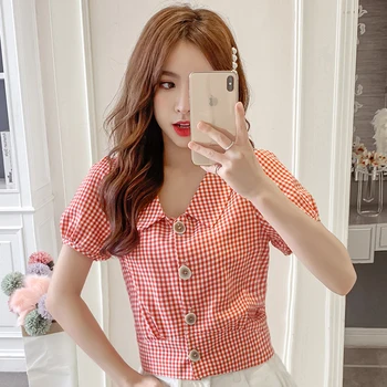 

COIGARSAM French Style Plaid Shirt Womens tops New Cute Vintage Puff Sleeve Women shirts Red Black 9273