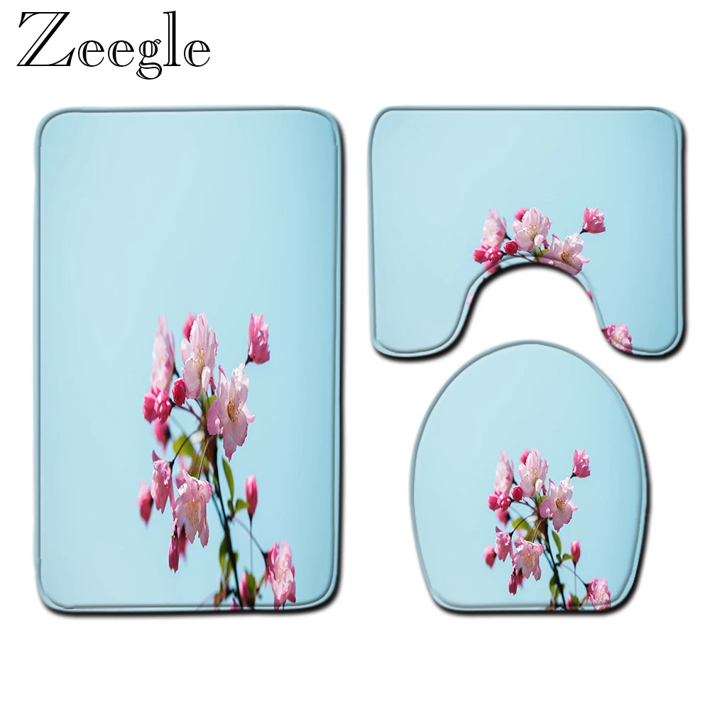 3pcs Printed Bath Mat Set Anti-slip Bathroom Carpet Shower Mat Absorbent Bathroom Toilet Pedestal Rug Soft Toilet Cover Seat Mat