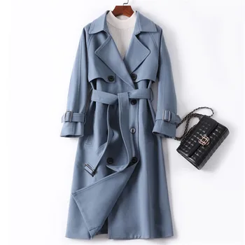 

NEW Trend Haze Blue Women Trench Coat Autumn Winter Brand High Quality England OL Long Coats Double-breasted Casual Outwear