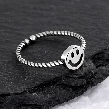 

ANENJERY Trend Fashion Hollow Smiling Face 925 Sterling Thai Silver Ring Twist Rope Open Finger Ring For Party S-R622