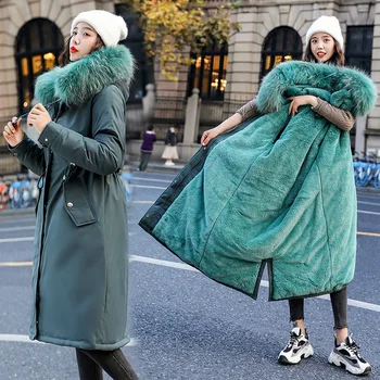 

Women Fashion Long Cotton Liner Hooded Parka Women Slim With Fur Collar Warm Winter Jacket Coat S437