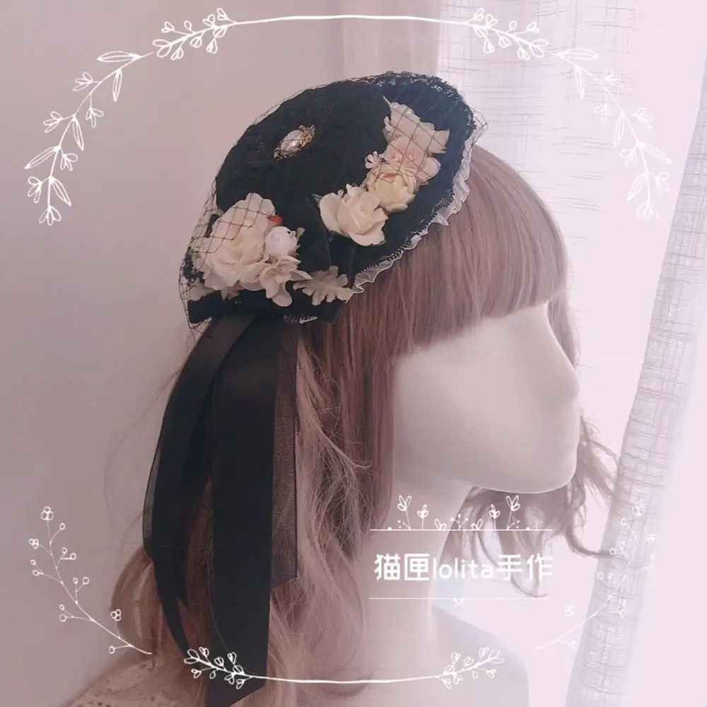 

Lolita Vintage headwear Gothic Lolita grid black top hat bow headdress Pearl hair accessories Elegant women hairpin Cosplay Prop