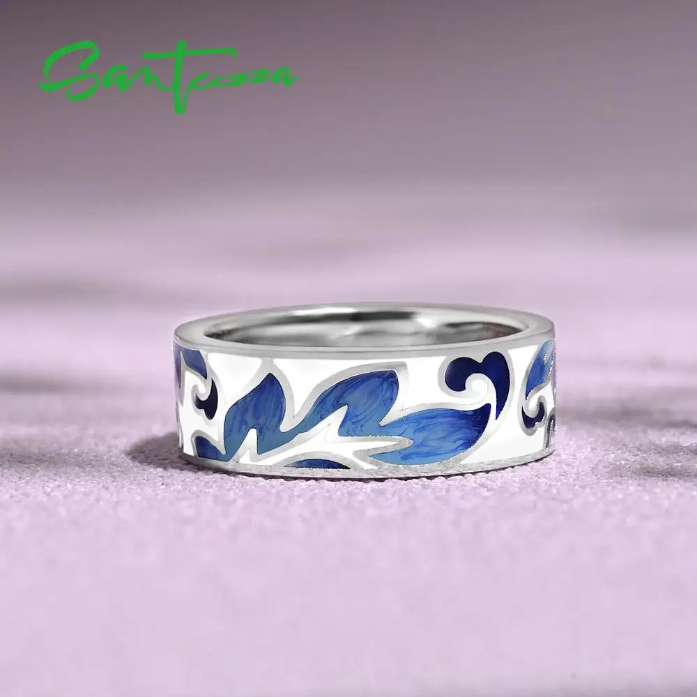 SANTUZZA, серебряные кольца для женщин, натуральная 925 пробы, серебряные, синие листья, эмалированные кольца, Модный элегантный подарок, хорошее ювелирное изделие ручной работы