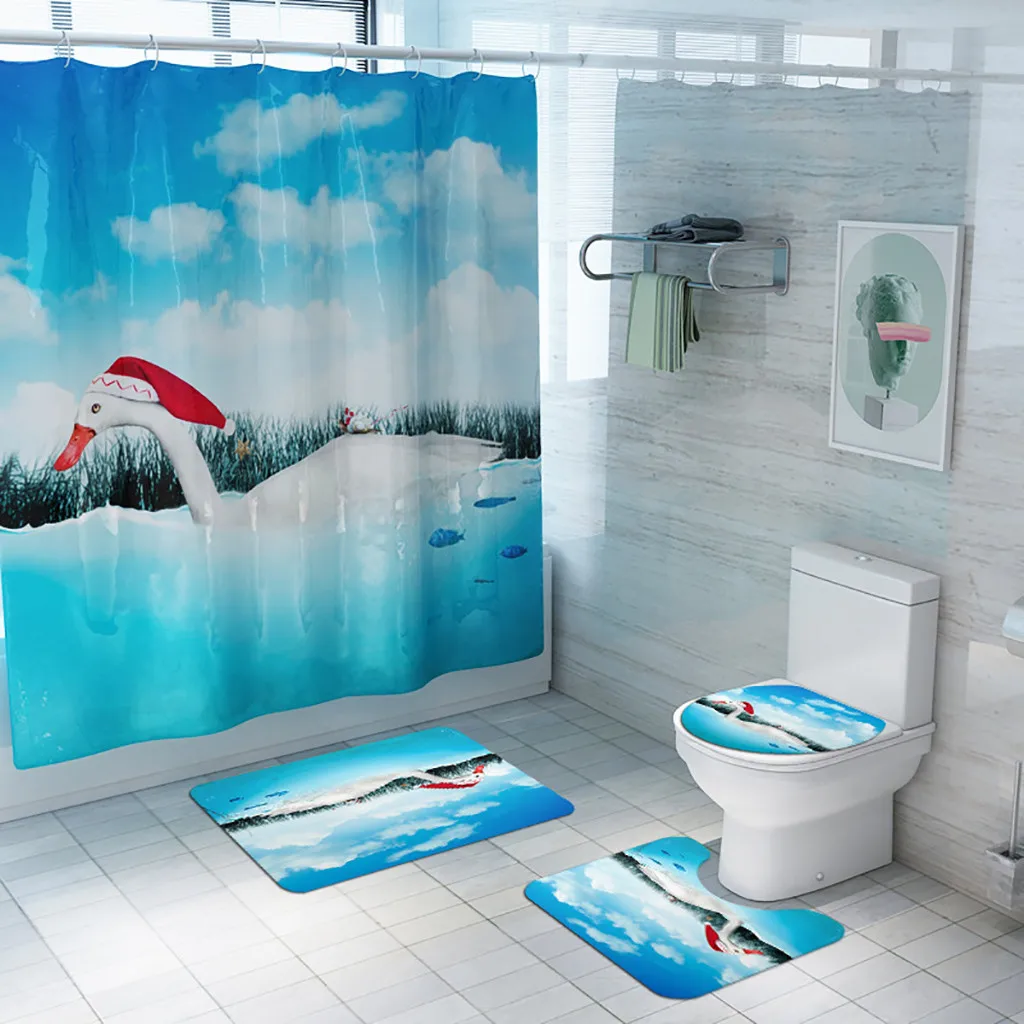 Санта Рождество печати туалет коврик для ванной комнаты и занавеска для душа комплект из четырех предметов^ 15