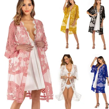 

Women Loose Tunic Long Sleeve Beach Dress Lace See Through Swim Cover Up Bikini Pareo Bathing Suit trajes de baño pareos cape