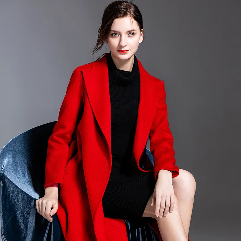 

Water ripple double-faced cashmere overcoat female 2019 winter new long high-end handmade tailored wool trench women 198003