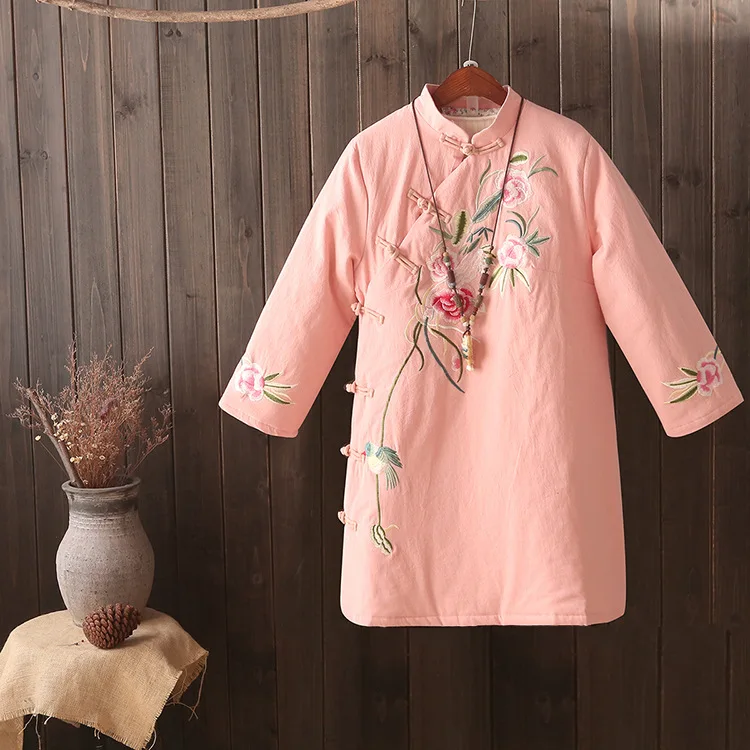 

[Cotton Linen Retro] 2017 Winter New Arrival Embroidered Cotton Linen Long Sleeve Versatile Chinese-style Cotton-padded Clothes